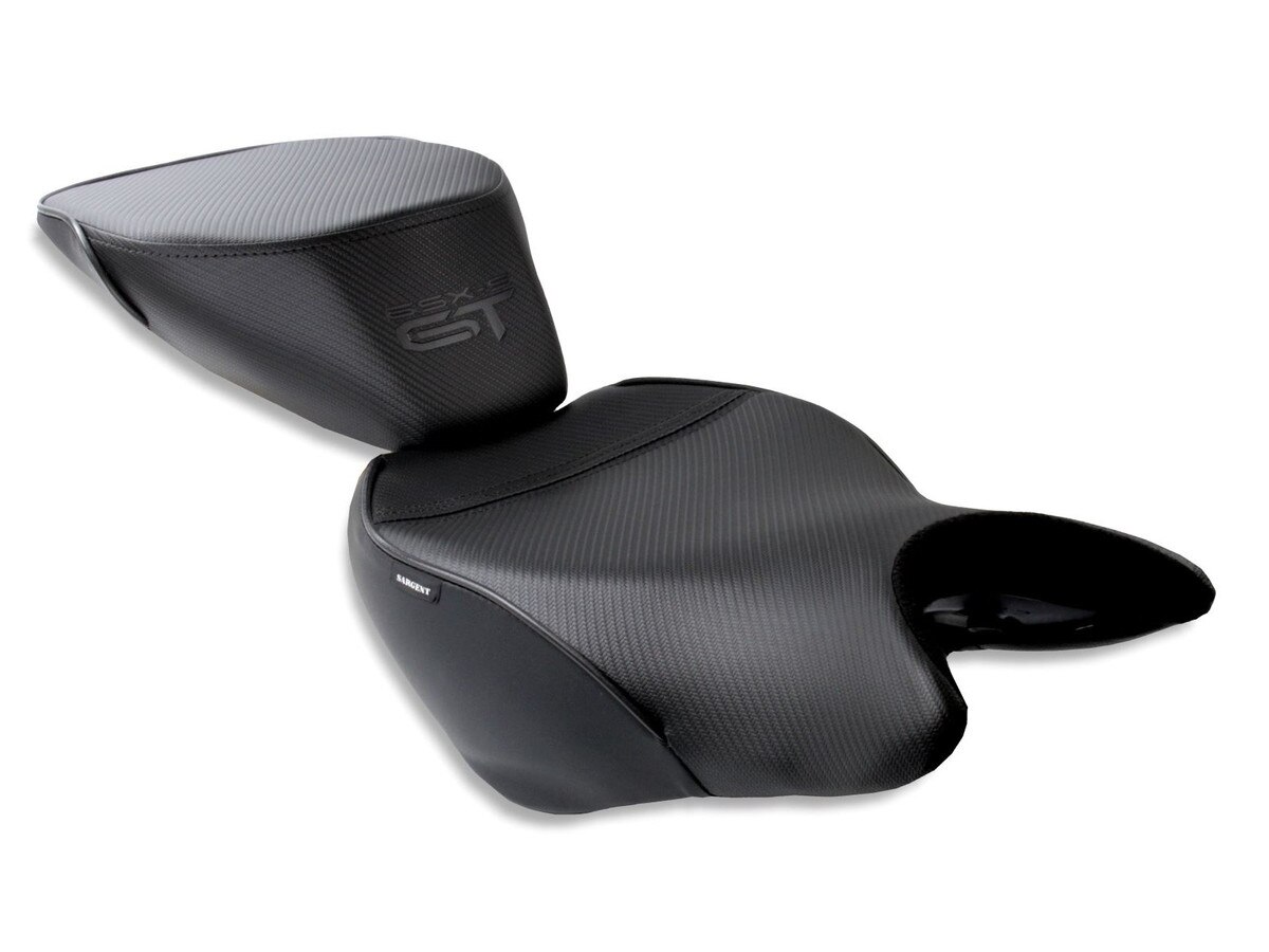 Suzuki GSX-S 1000GT World Sport motorcycle seats with the GT logo with widened seat pan and flashlight with CFX and black welt.
